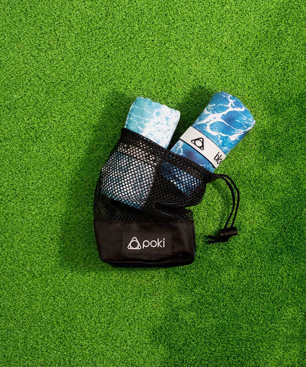 POKI快乾運動毛巾套裝，網袋收納，適合戶外活動，兩款海浪圖案毛巾